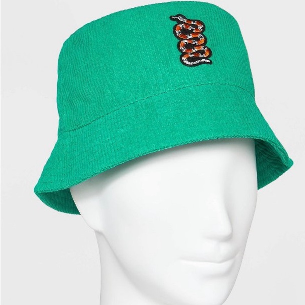 Green Corduroy Bucket Hat with Snake Embroidered image New